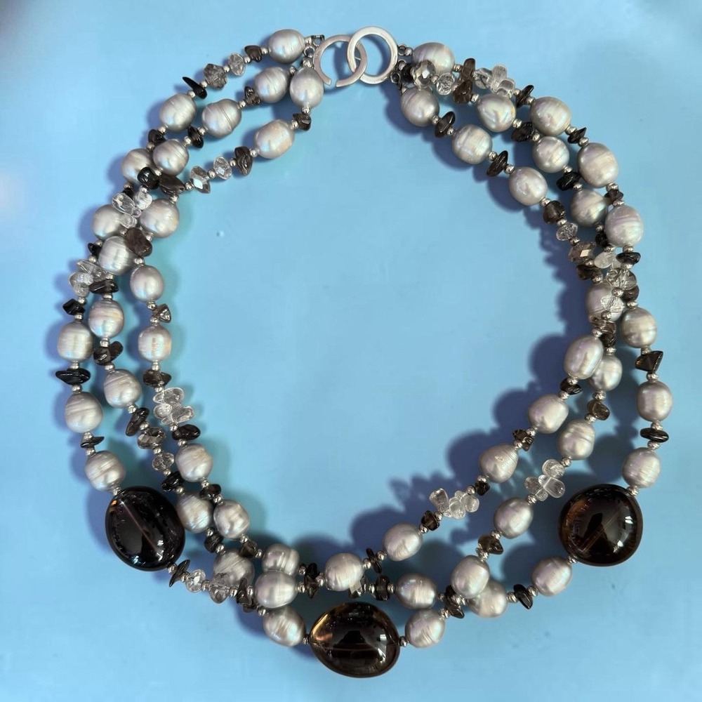 3 Strand Gray Baroque Pearl Smoky Quartz Necklace 14k /20 Gold Filled Clasp 10mm